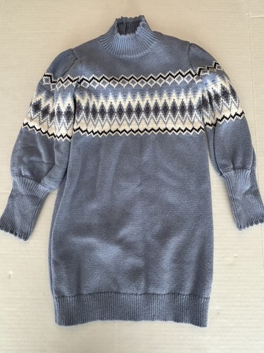 Janie and Jack - Fair Isle Puff Sleeve Sweater Dress - Country Blue Size 7 - Picture 2 of 8