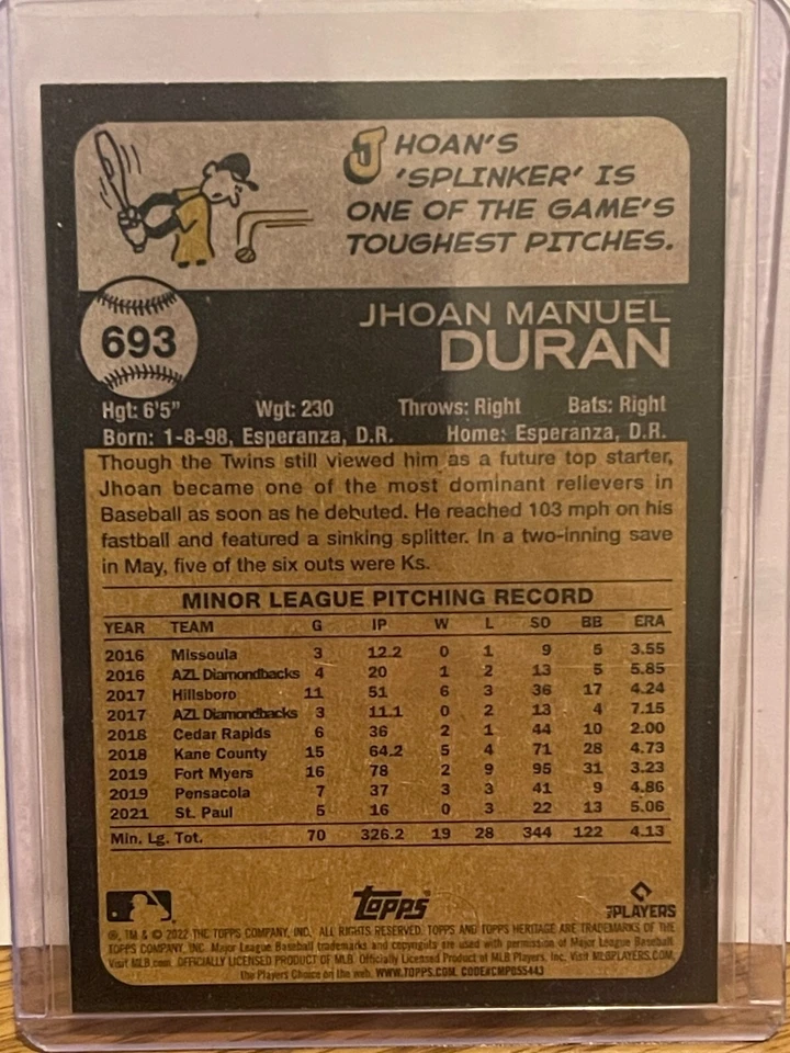 Jhoan Duran 2022 Topps Heritage High Number RC #693 Minnesota Twins - Image 2 of 2