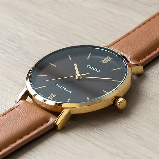 Casio MTP-VT01GL-5B Minimalistic Analog Brown Leather Gold Tone