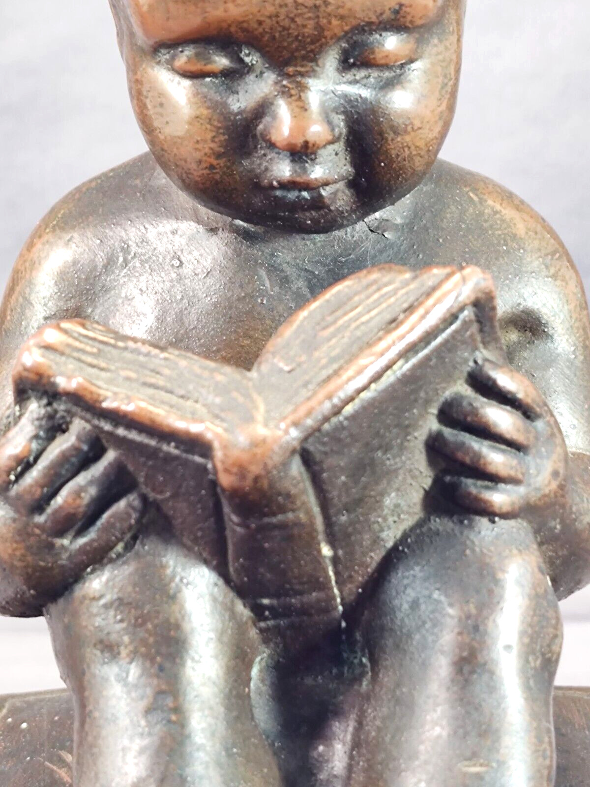 Antique Bronze Kathodian Bronze Works (KBW) Bookends - Cherub Reading Book