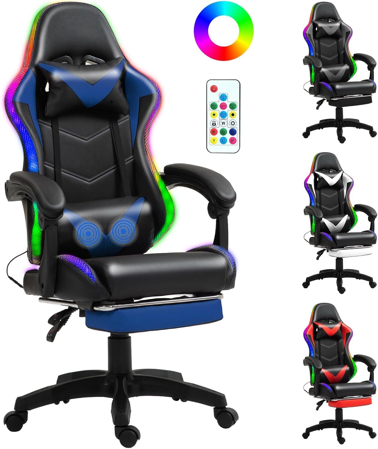 Blue 360° Swivel RGB Gaming Chair with High Back, Massage & Footrest-image
