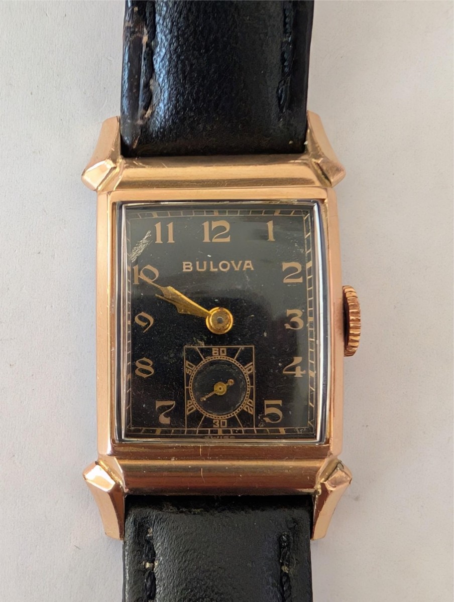 Vintage Bulova Gold Case Watch with Black Strap and Ivory Dial s-l400.jpg main image 2