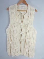 VTG 80s Linda Lundstrom Womens Ivory Chenille Cardigan Vest Tassles Sequin Cable