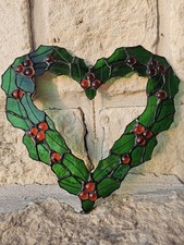 Stained Glass Christmas Holly Berry Wreath 10.5" Hanging Vintage Suncatcher USA