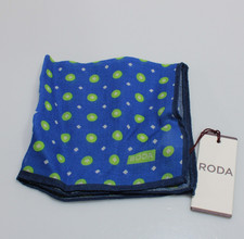 Roda NWT 100 Wool Pocket Square In Blue w/ Green White Geometric