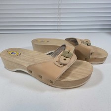 DR SCHOLLS ORIGINAL WOOD SOLE SANDALS SLIDES TAN LEATHER ITALY SIZE 7