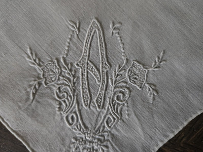 Vintage Madeira  White Linen Monogram A Seed Stitches Wedding Handkerchief Hanky