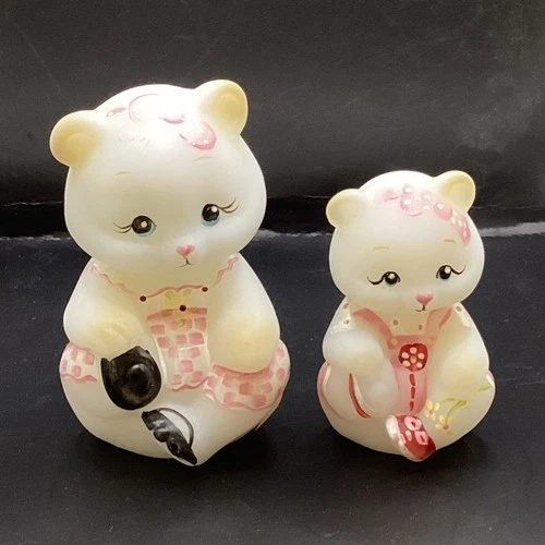 Fenton Glass Burmese Satin Bear Figurine Set Signed .  Animal Decor