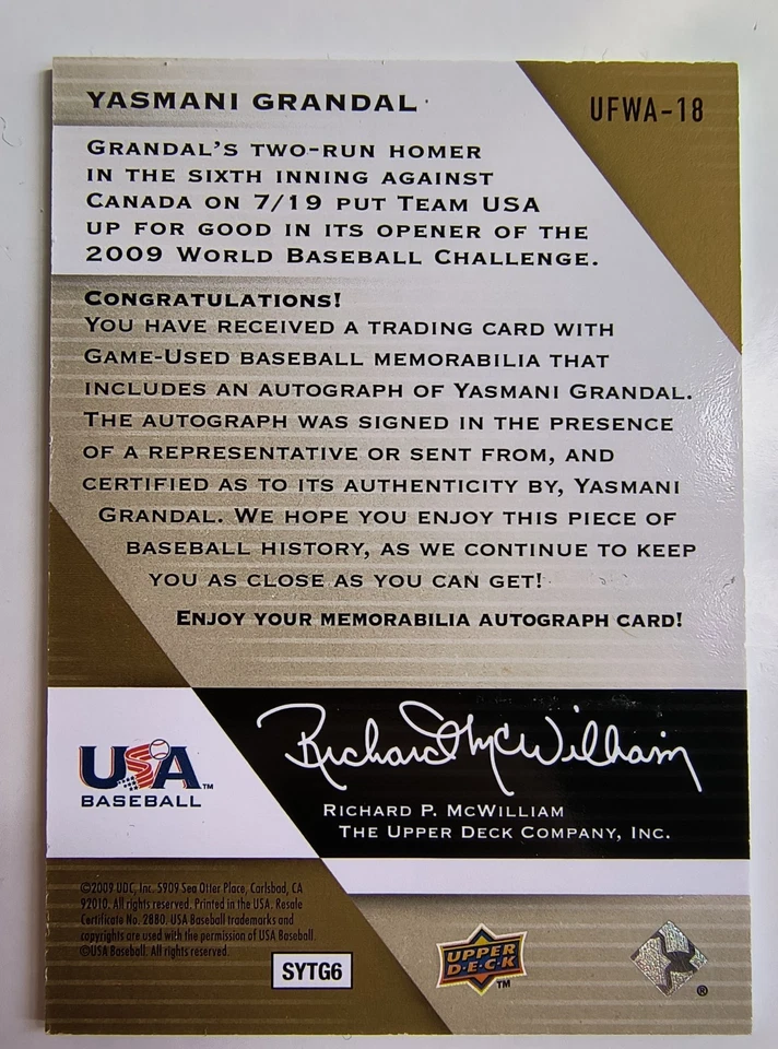 YASMANI GRANDAL Rookie Auto Jersey Card #/799 - 2009 Upper Deck USA Future Watch - Image 2 of 2