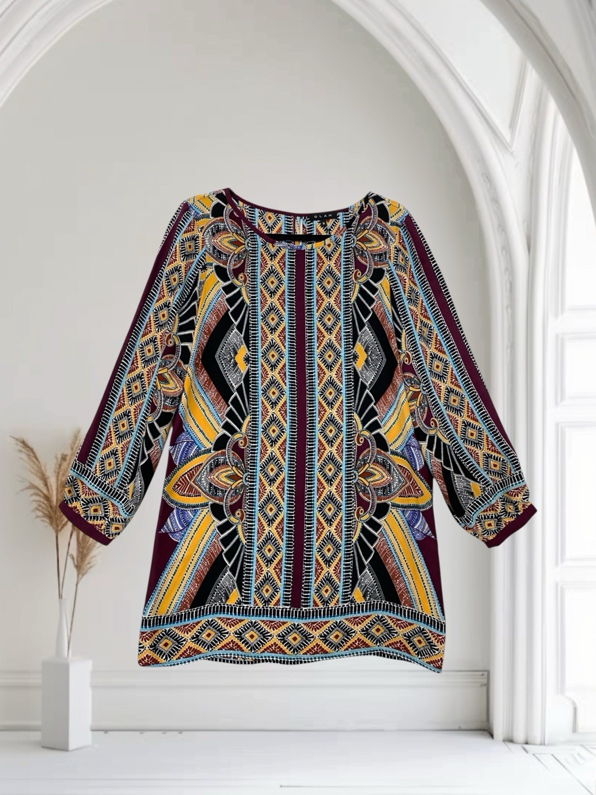 GLAM Womens Multi Print Tunic Dress Size Small Lightweight Artsy Boho Chic