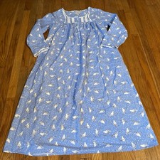 Lanz of Salzburg Blue Bird Print Flannel Nightgown M Lace Button Square Neck