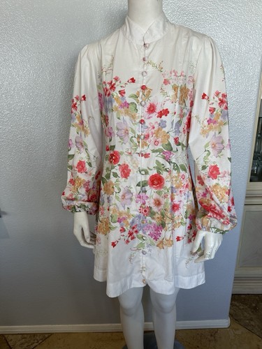 LAI MENG FIVE CATS Damen Kleid Laternenärmel Blumenmuster Knopfleiste Größe S