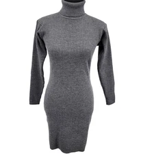 SMYTHE Womens Grey Wool/Spandex Ribbed Long Sleeve Turtleneck Bodycon Dress M