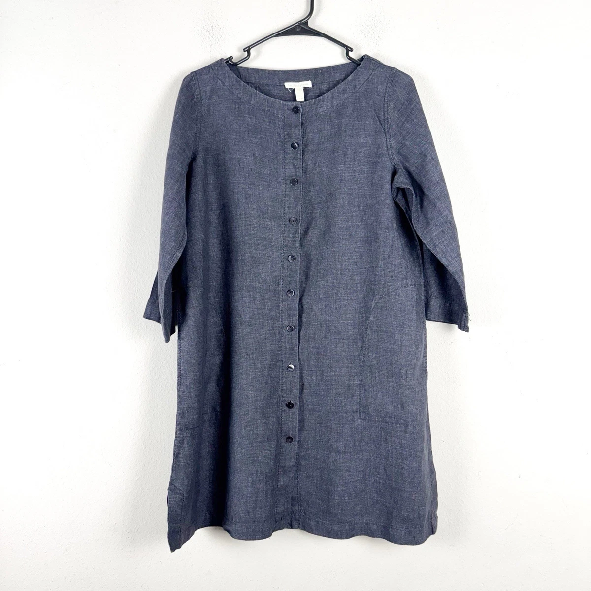 slim fit dress slacks Blue Cotton Linen Yoked Knee Length Shift Dress 40