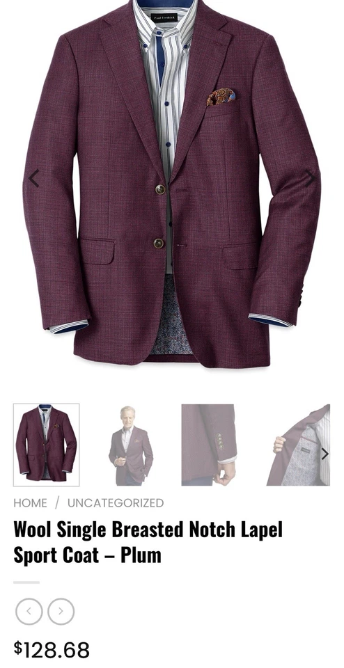 Paul Fredrick Single Breasted Notched Lapel Sport Coat Plum Wool 42R EXCELLENT - Image 3 of 4