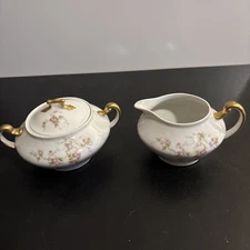 Limoges PL By Porcelaine Limousine Pink Rose Sprigs Sugar & Creamer Set France
