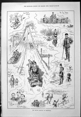 Alte sportliche dramatische Nachrichten 1887 Winter Eis Schnee Karneval Montreal Dose viktorianisch