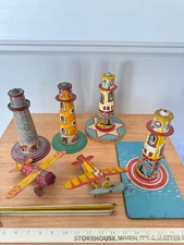 Vintage Tin Litho Sky Rangers Airplane & Lighthouse Tower Lot (9pc)