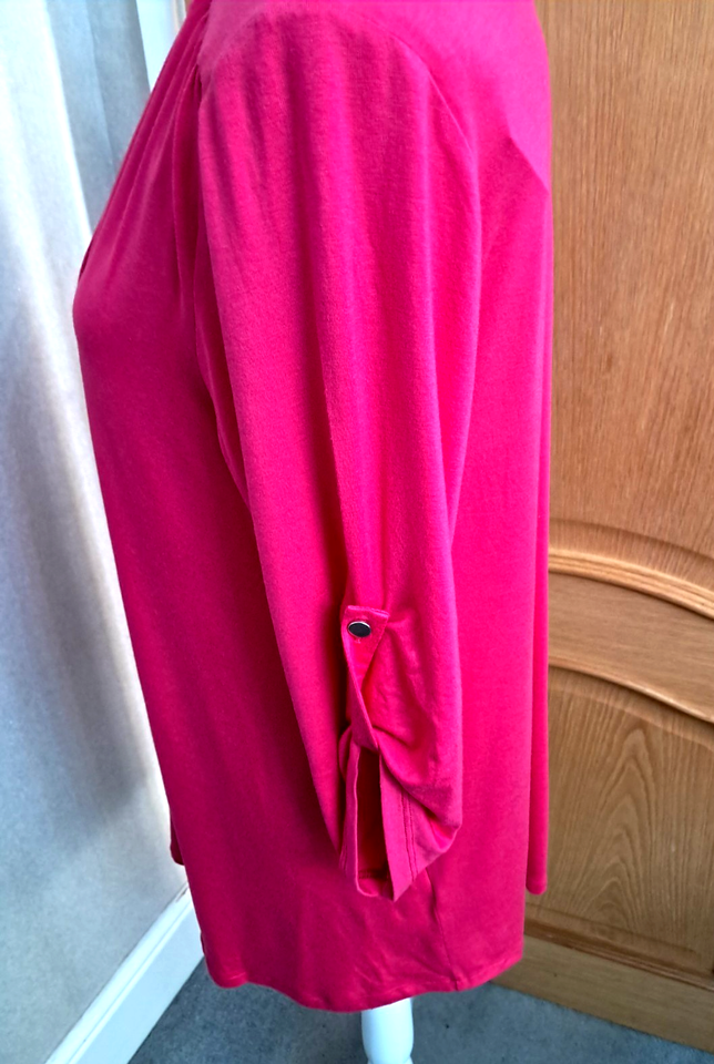 NEW Evans Women's Bright Pink V-neck Button Up Top 3/4 roll/Tab Sleeves ...