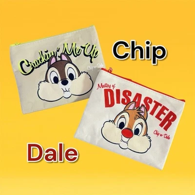 Disney Chip 'n Dale Flat Pouch Set of 2 Canvas Cosmetic Bag Zip Case 14x19cm - Imagen 1 de 4