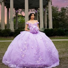 Glitter Lavender Ball Gown Quinceanera Dress Floral Applique Beaded Bow Sweet 16