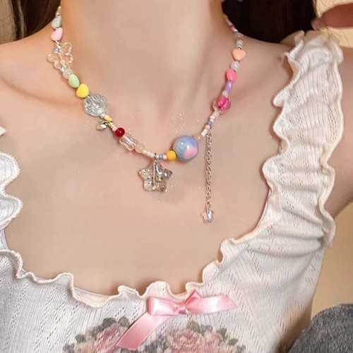 Y2K Style Dopamine Beaded Necklace Sweet Clavicle Necklace Star Love Pendant - Picture 9 of 11
