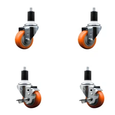 3 Inch Orange Poly Wheel Swivel 1-1/2 Inch Expanding Stem Caster Set 2 Brakes