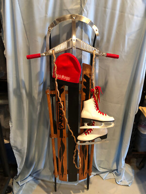GLADDING 56'' Height Toboggan Sled with Sz 2 Ice Skates & Captain Morgan Hat