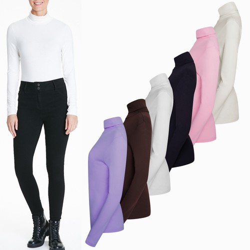 Damen Pullover Tops Langarm Rollausschnitt T-Shirt hoch Polo gerippt gestrippt