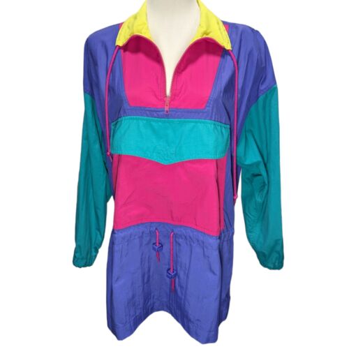 COOL Vintage 1990s Lizsport NEON Color Block Windbreaker Jacket Zip Up Small - Picture 2 of 9