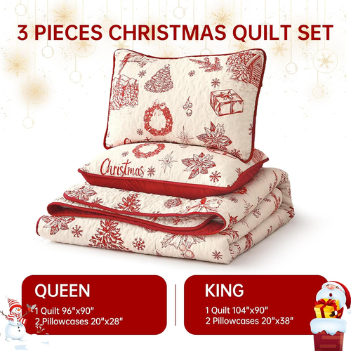 Christmas Quilt Set King Size, Red Xmas Tree Patterns Bedspread Set King 3 Piece - Picture 6 of 8