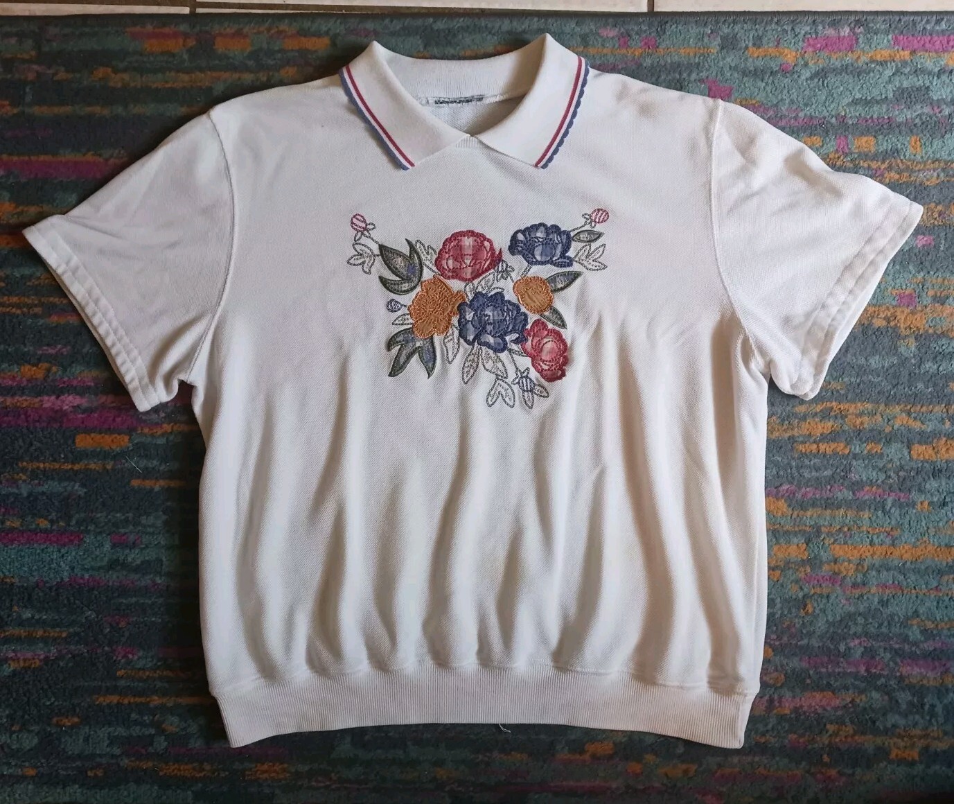 Vintage Women's Polo Shirt Embroided Flowers Grandma Cottagecore Granny Sz SmMed