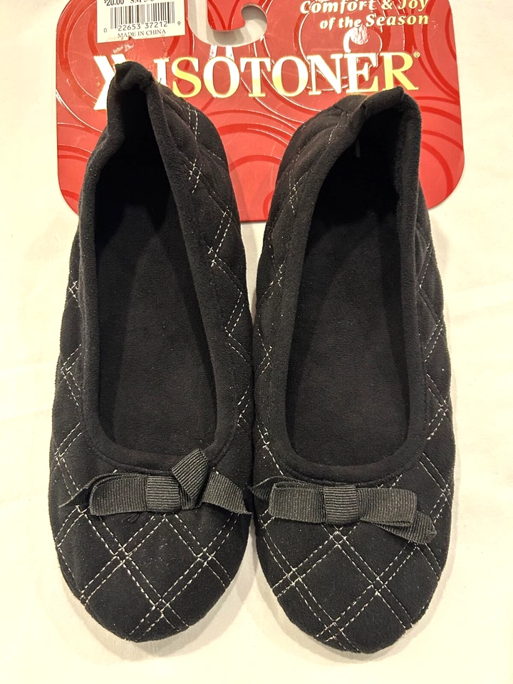 Zapatilla bailarina Isotoner para mujer de felpa negra con lazo 5-6 con costuras doradas Foto 2 de 4