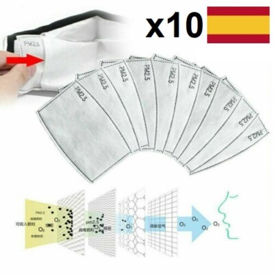 Lotes 10 ud filtros carbón activado mascarilla protectora 2.5 PM 8x12cm España