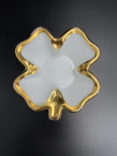 VINTAGE WHITE MILK GLASS 4  FOUR LEAF CLOVER TRINKET CANDY DISH GOLD TRIM