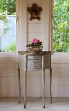 ANTIQUE DEMI LUNE GREY FRENCH PAINTED COMMODE WITH 3 DRAWERS AND ORMOLU MOLDINGS