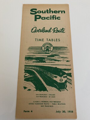 Vintage Southern Pacific Zugfahrplan - Overland Route - 30. Juli 1958