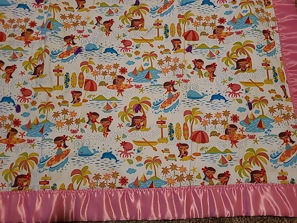 Baby Girl Blanket Satin Trim Quilt Handmade Crib Rainbow Hula Beach Pink Edge - Image 4 of 4