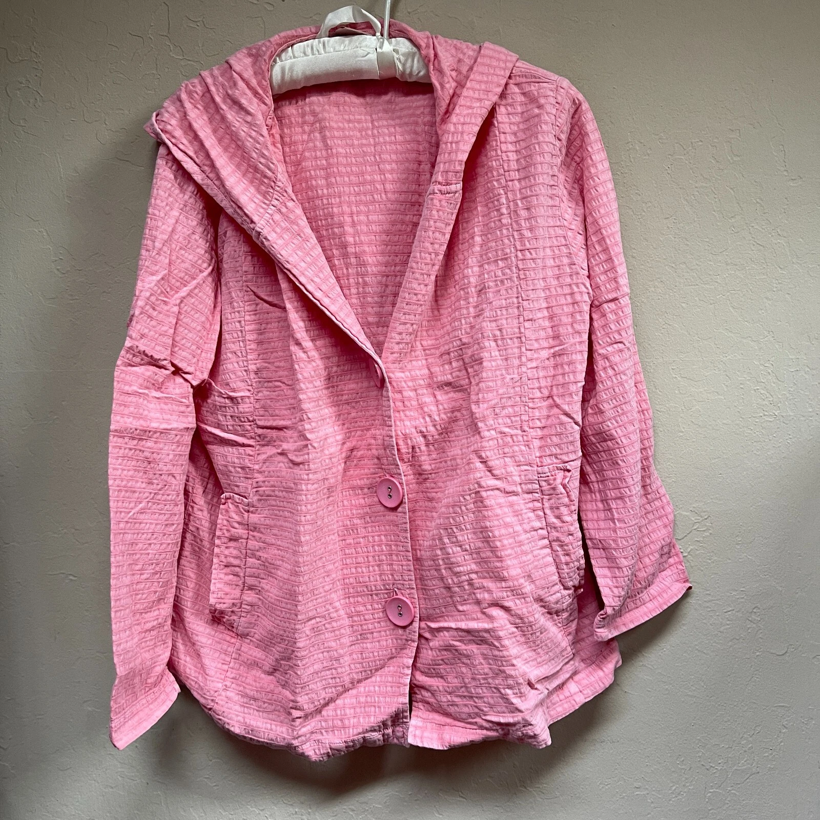 Focus Womens Sz Medium Button-Front Crinkle Hooded Cardigan Sweater Pink Pockets