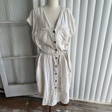 Target Linen Dress Women 14 Beige V-neck Midi Sleeveless Pocket & Waist Tie