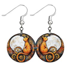 Full Moon Orange Cat Bohemian Art Print Earrings NO TARNISH Wood Boho Celestial
