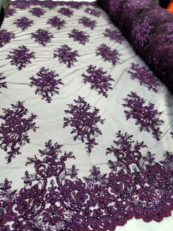 Purple Beaded Sequins Embroidery Bridal Lace Fabric 50” W Sold By The Yard - Image 4 of 4