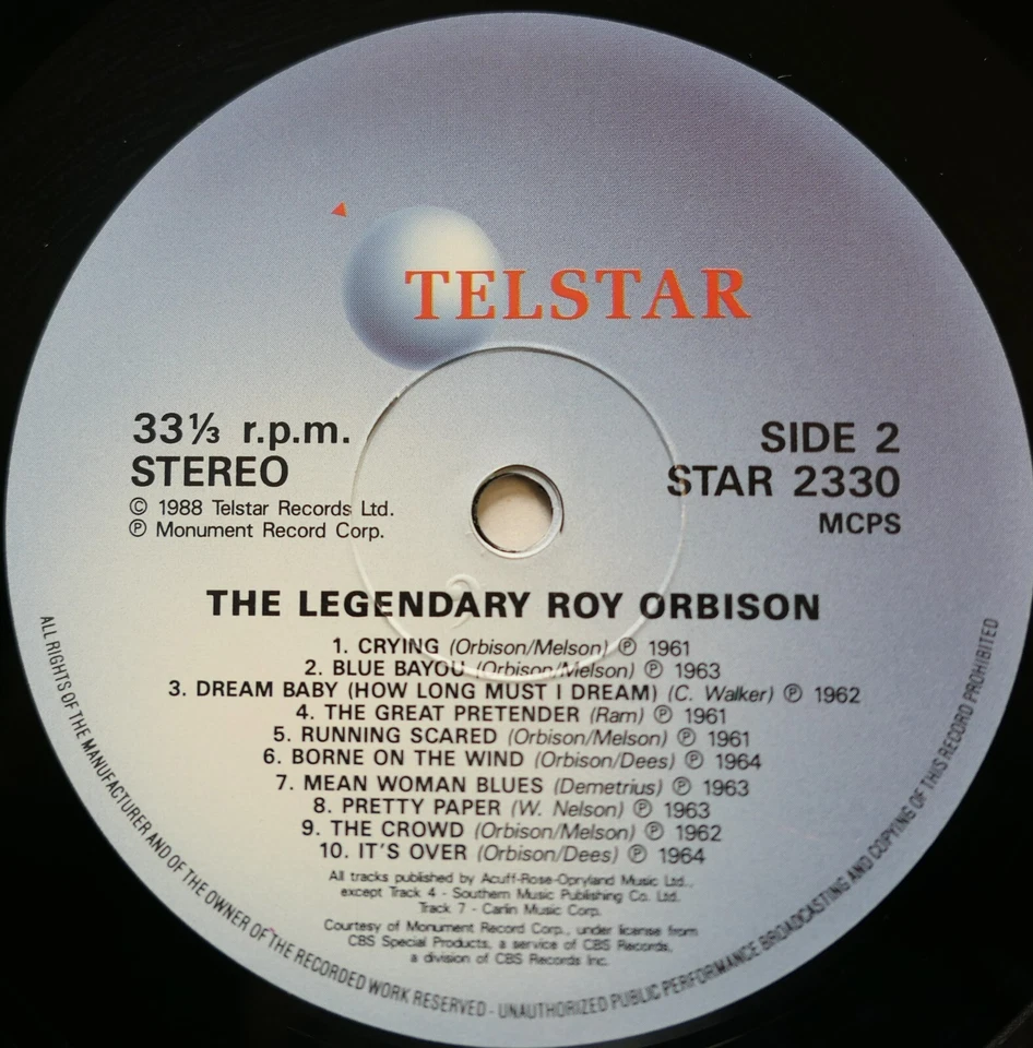 Roy Orbison Greatest Hits 1988 NM Vinyl Telstar STAR 2330 - Image 3 of 4