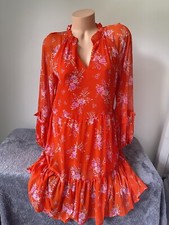 Vince Camuto Dress Textured Chiffon Floral Print Orange S Tropical
