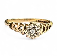 Diamond Ring - Solid 9ct Gold - Vintage Solitaire Love Heart Shoulders - Size M