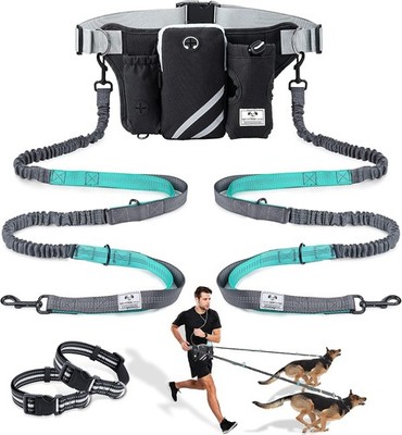 Dual Bungee Hands Free Dog Waist Leash Reflective with Fanny Pack for Two Dogs