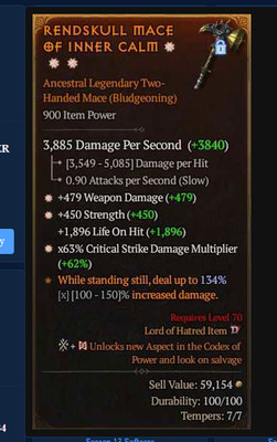    DIABLO 4 SEASON 13 LEGENDARY 2H MACE 3GA-WP DMG+STR+CRIT DMG MULTI