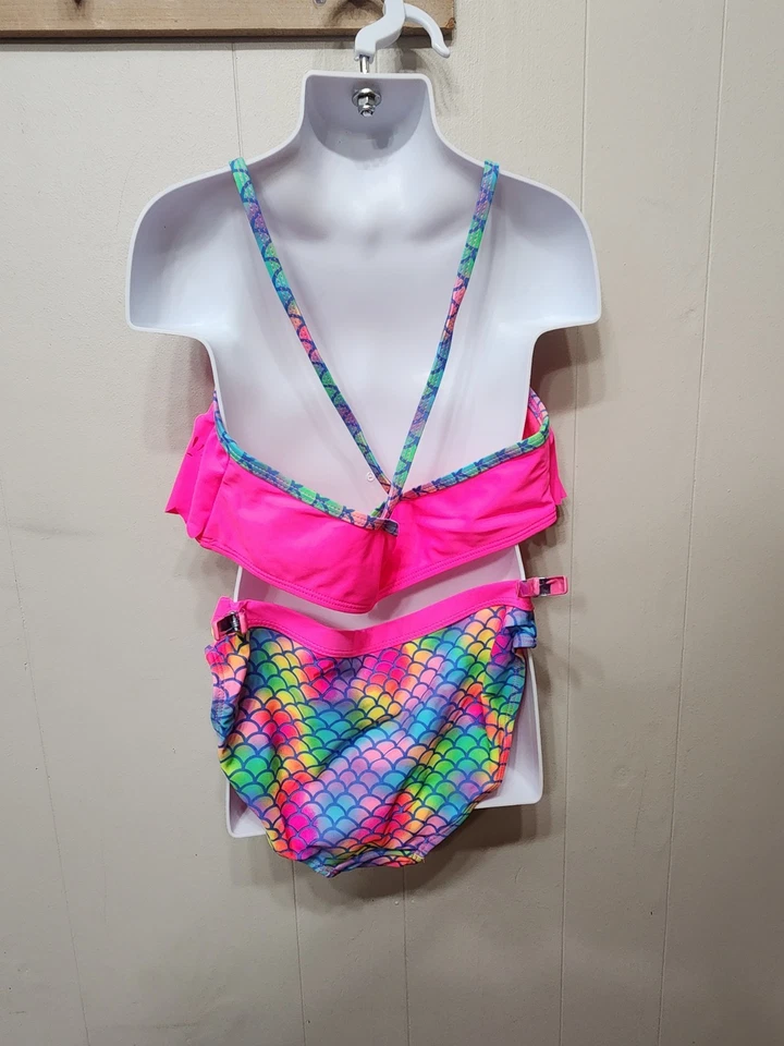 Wonder Nation Bikini XL 14 - 16 Pink Ruffle Bikini Mermaid Rainbow Scales C384 - Image 2 of 3