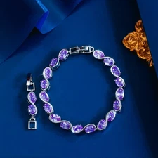 Purple Oval Cubic Zirconia S Wave Silver Plated Tennis Bracelet Wedding Jewelry