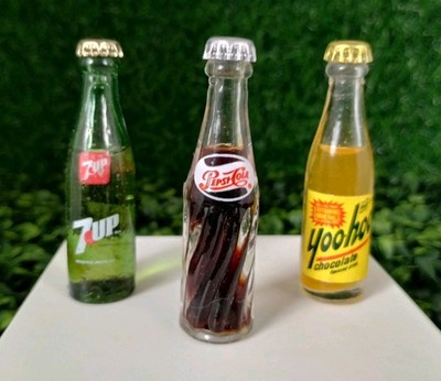 Vintage Mini 7-UP Pepsi-Cola YooHoo Soda Bottles 7/8'' Display Lot of 3